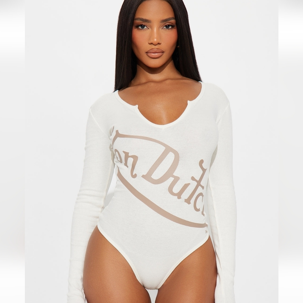 Von Dutch White Long Sleeve Scoop-Neck Logo Bodysuit